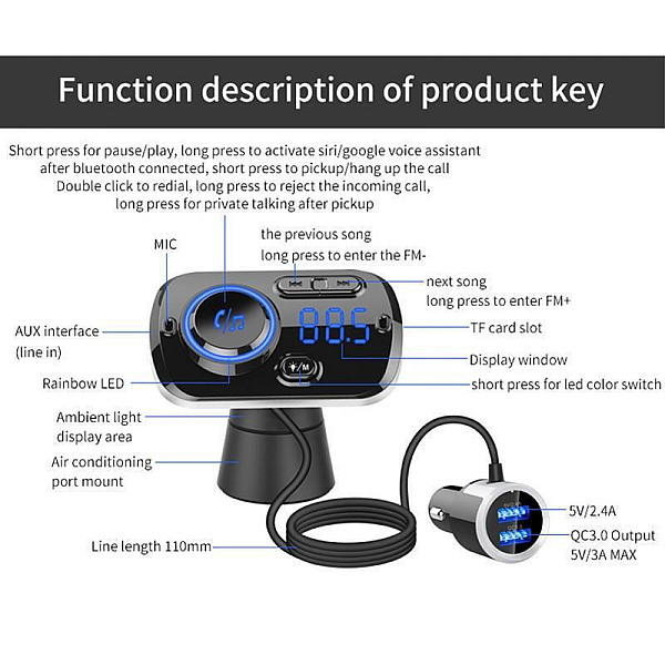 FM Transmitter Αυτοκινήτου με Bluetooth / AUX BC-498