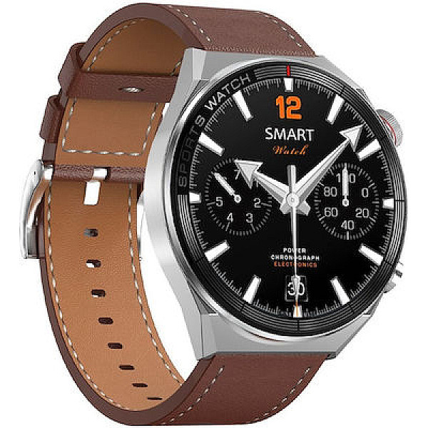 DT3 Mate 45mm Smartwatch με Παλμογράφο Ασημί Κάσα / Καφέ Λουρί Δερμάτινο