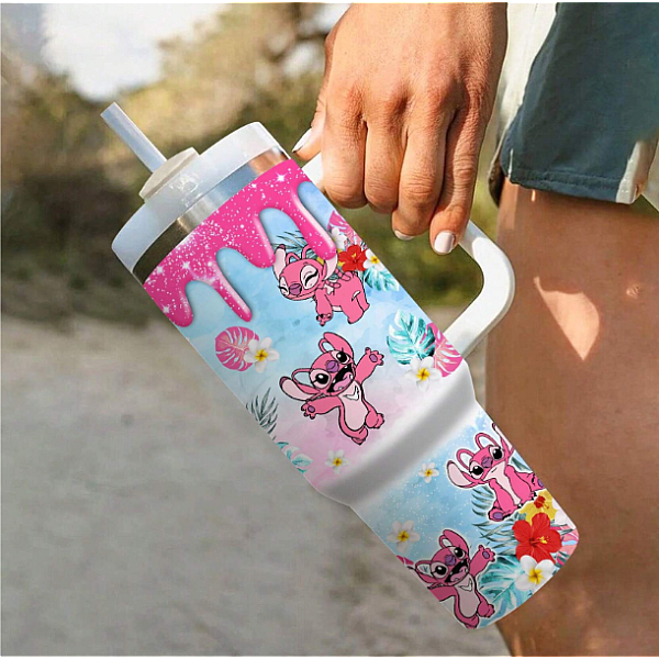 Disney Stitch 1.5L Μπουκάλι νερού 40 oz από ανοξείδωτο χάλυβα με λαβή κούπα ταξιδιού με μόνωση με καλαμάκι ML0047 Ροζ