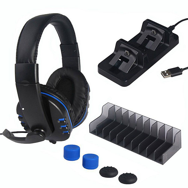 PS4 Slim/Pro 5 σε 1 Game Pack Headset, Βάση Φόρτισης για 2 Χειριστήρια TP4-18101  Μαύρο