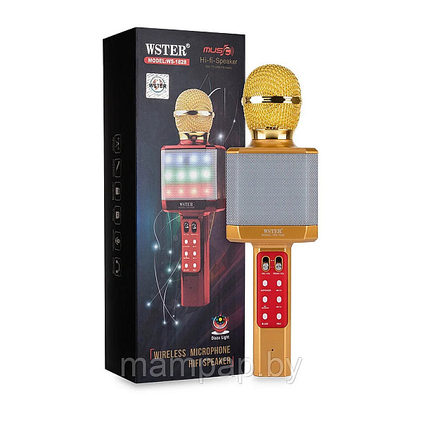 WSTER WS-1828 Ασύρματο bluetooth μικρόφωνο με ενσωματωμένο ηχείο, karaoke και disco light led Χρυσό