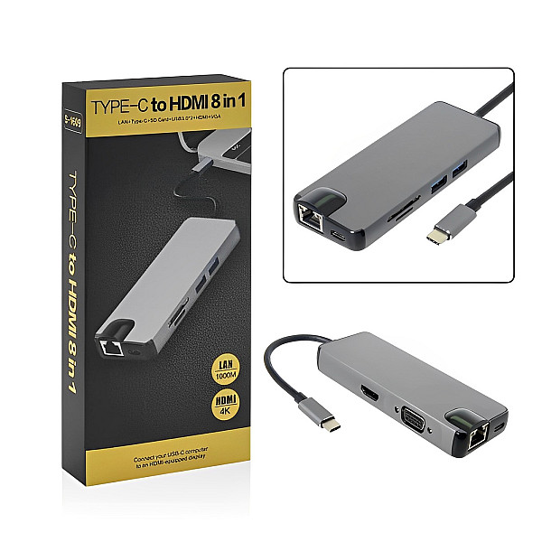 Μετατροπέας 8 σε 1 Τype C σε HDMI - VGA - 2 x USB 3.0 -  Type C - Ethernet YWX - Type C 8 x 1