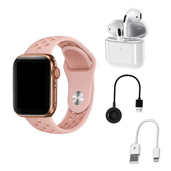 Σετ Smartwatch με 2 Λουράκια και Ακουστικά TWS Air pods Remax 2 in 1 Q8 Ροζ
