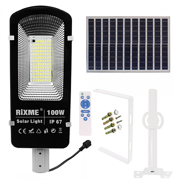 Led Αδιάβροχο Ηλιακό Φωτιστικό Δρόμου 100W 12480LM με Βάση Στήριξης και Τηλεχειριστήριο Rixme RZ-6610