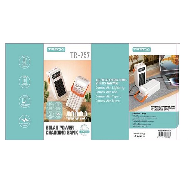 Ηλιακό Powerbank 4 εξόδων 40000 mAh με καλώδια εξόδου και ενσωματωμένο φακό TR-957-4W Λευκό