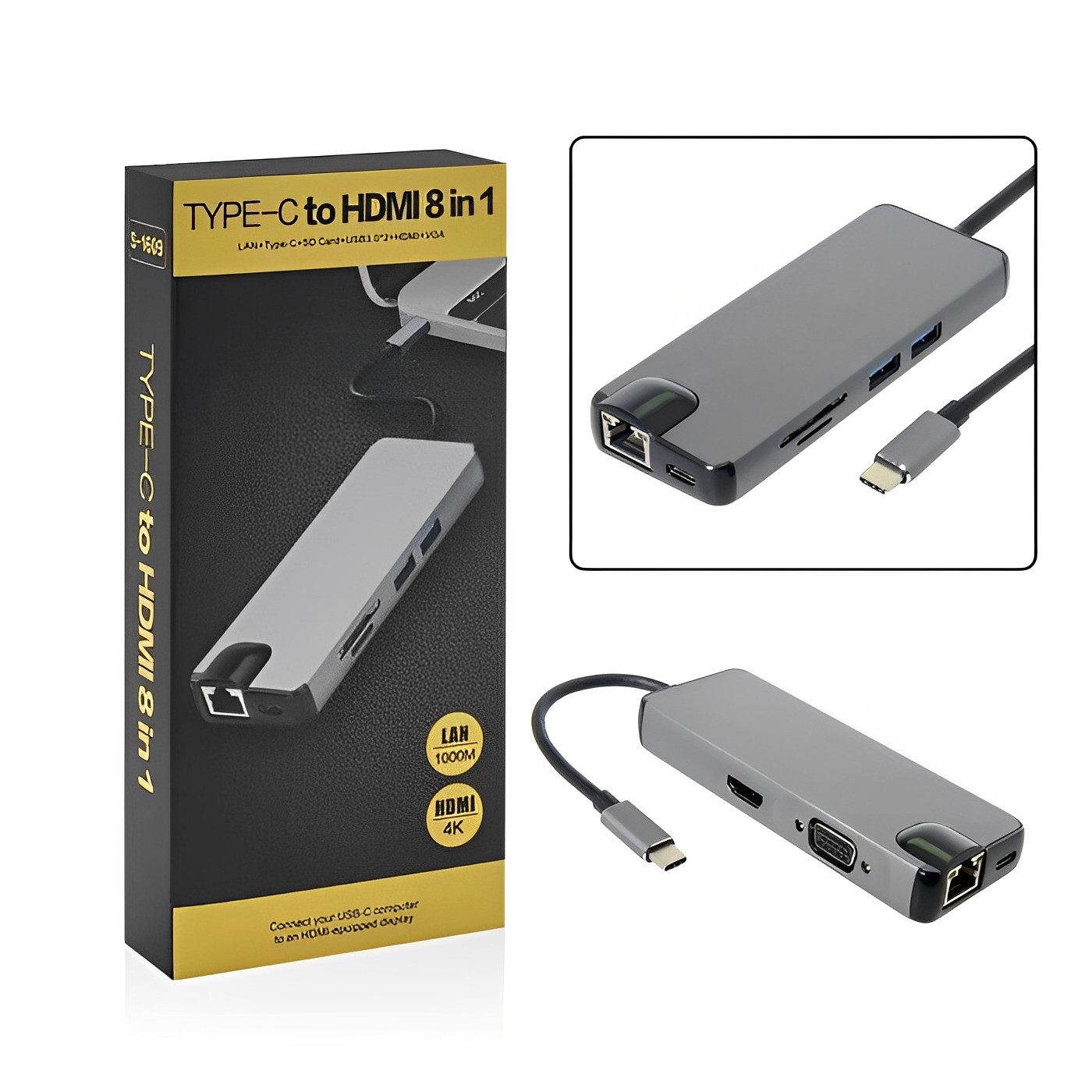 Μετατροπέας 8 σε 1 Τype C σε HDMI - VGA - 2 x USB 3.0 -  Type C - Ethernet YWX - Type C 8 x 1