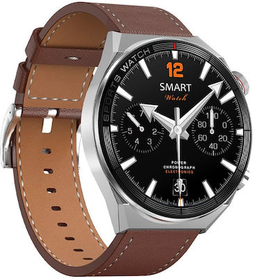 DT3 Mate 45mm Smartwatch με Παλμογράφο Ασημί Κάσα / Καφέ Λουρί Δερμάτινο