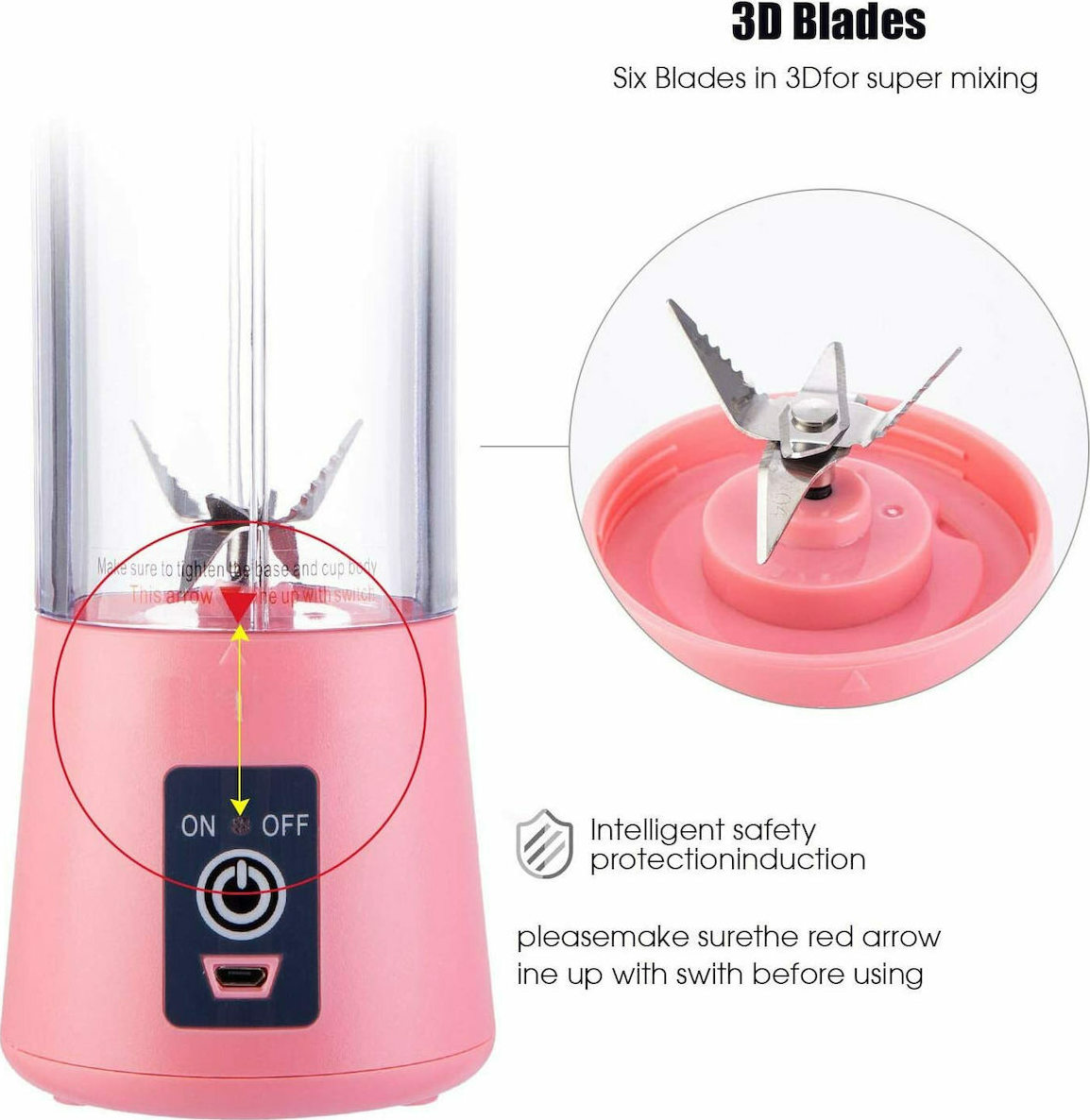 HM-03 Mini Μπλέντερ για Smoothies με κανάτα 0.38lt  και Ισχύ 380Watt Ροζ