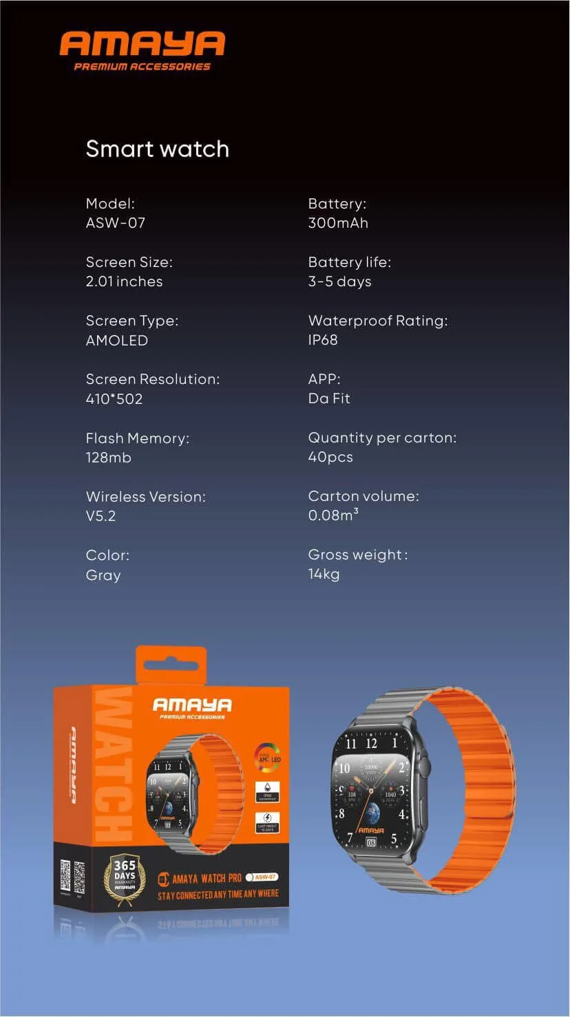 Smartwatch Amaya Pro Amoled ASW-07 Γκρι/Πορτοκαλί