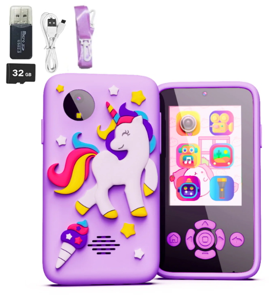Παιδικό παιχνίδι Smartphone Unicorn με συσκευή αναπαραγωγής μουσικής MP3 - Διπλή κάμερα για selfies - Ενσωματωμένα παιχνίδια 2,4" Οθόνη 8MP Κάμερα - Ροζ